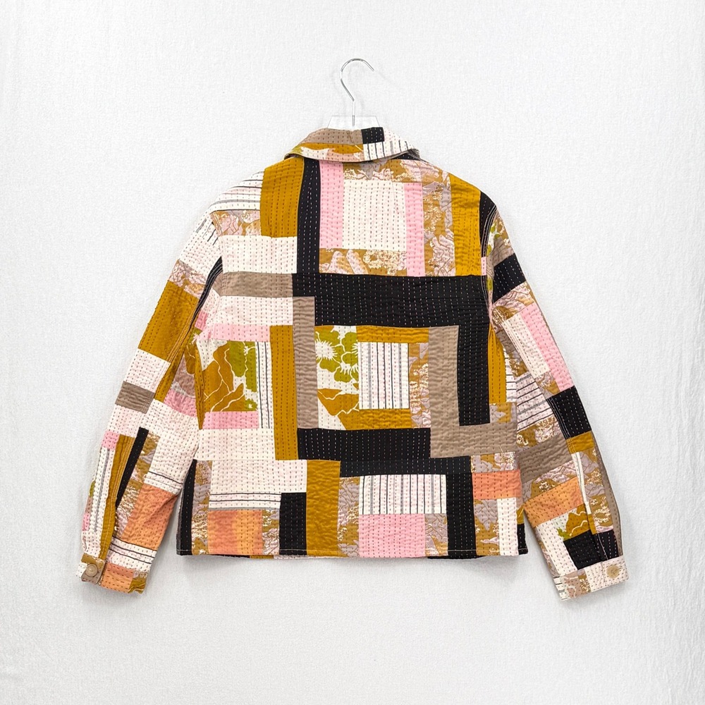 Ssōne Kantha Jacket Women 14 Yellow Cream Boho Quilted Patchwork Chore Button Up - Picture 4 of 13